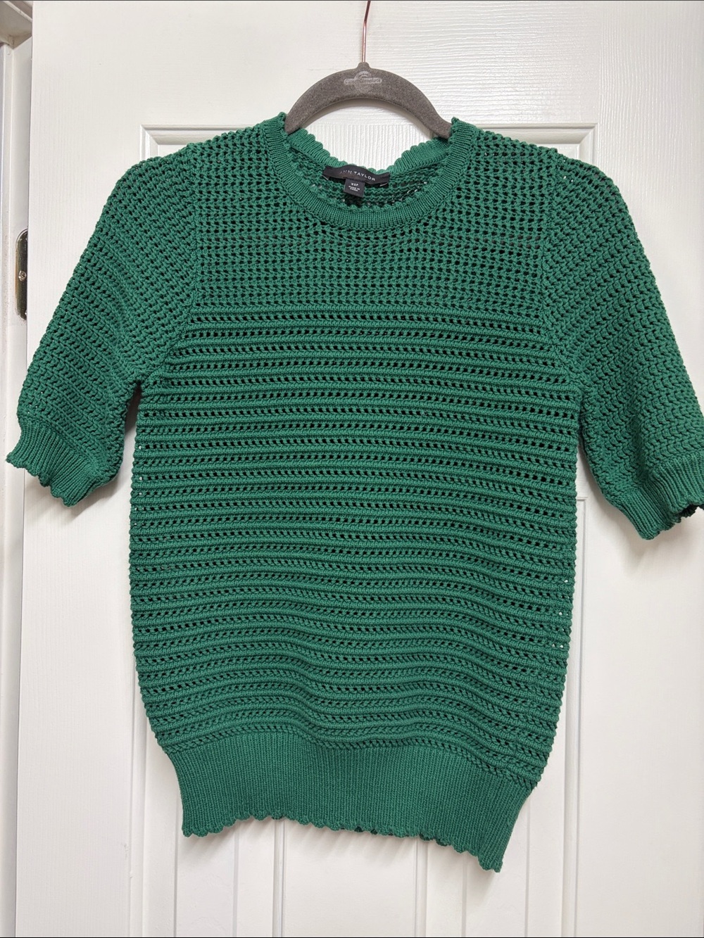 Ann Taylor Green Short-Sleeve Openwork Knit Sweater
